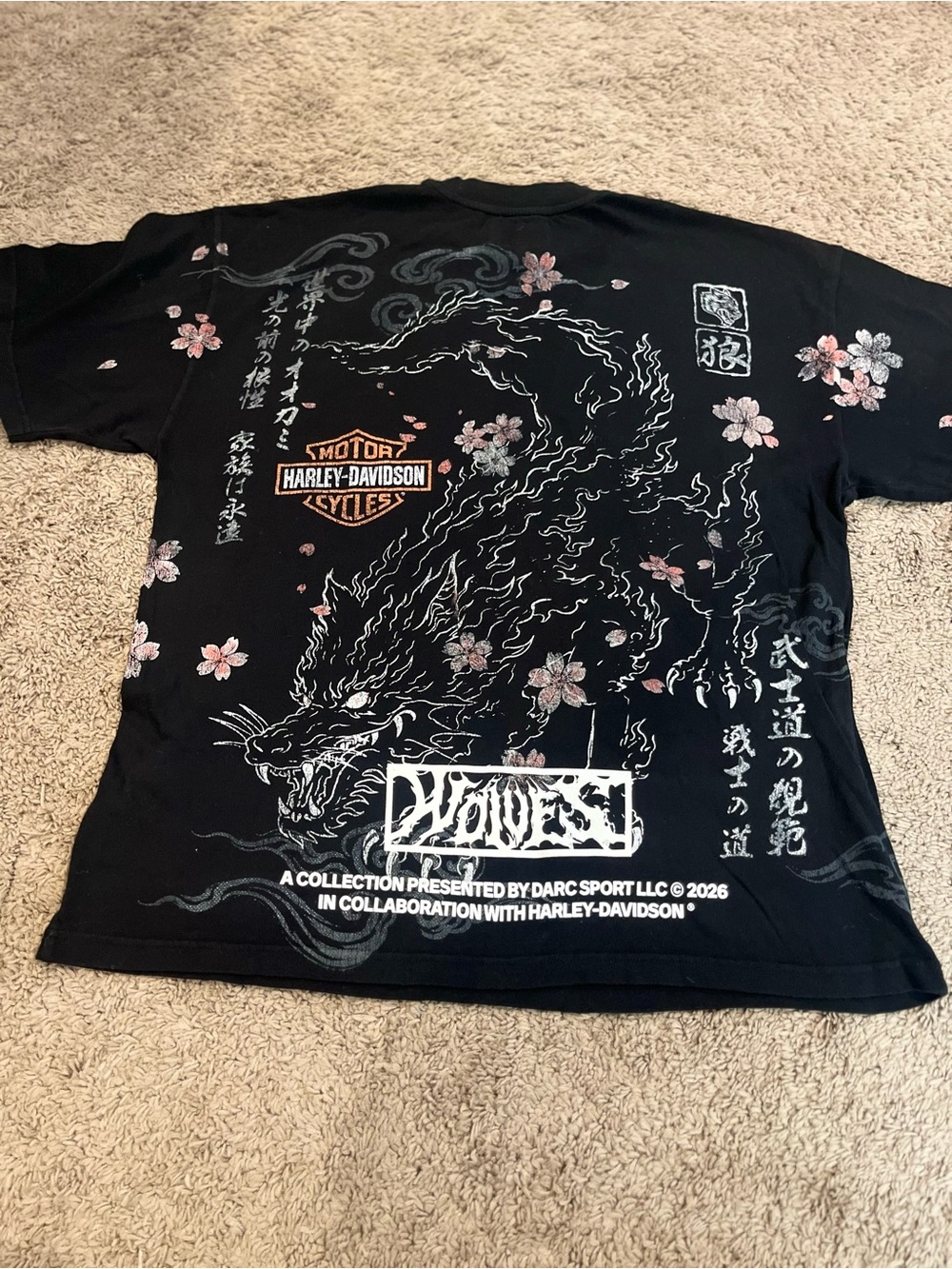 Harley-Davidson Black Tee with Dragon & Pink Cherry Blossom Graphic - Picture 2 of 3
